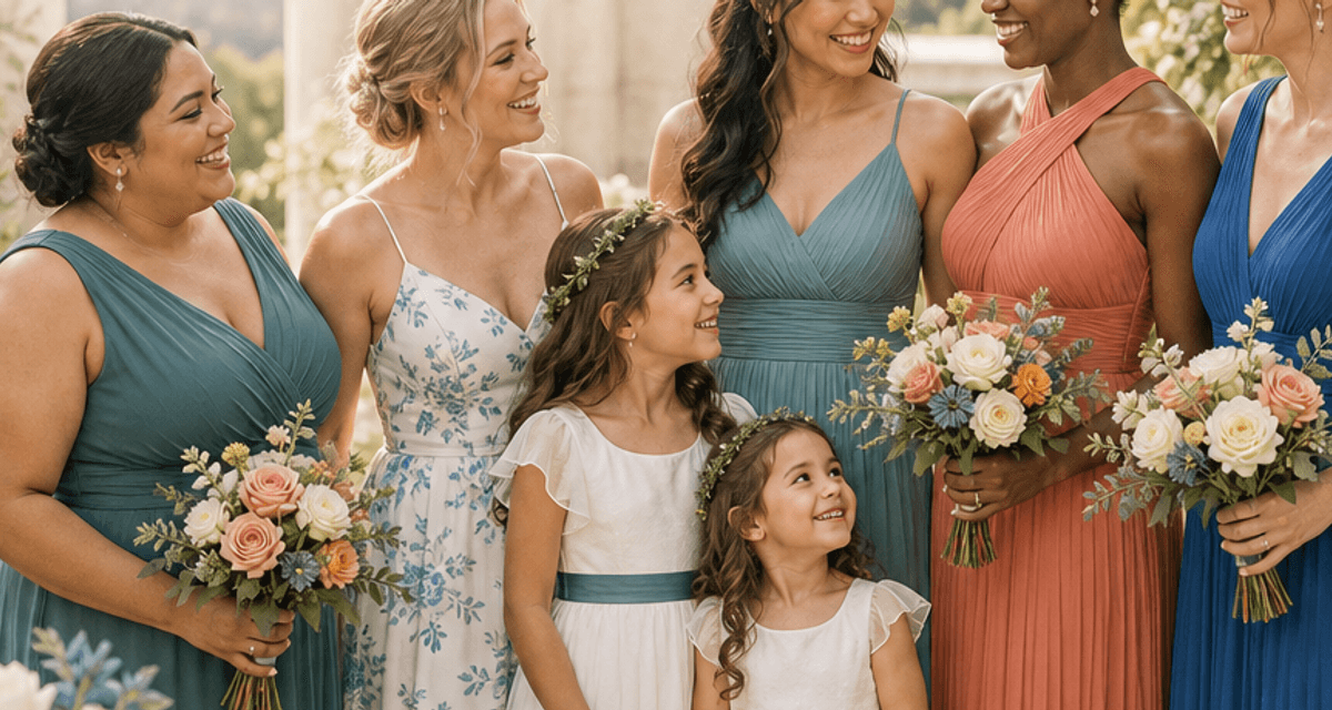 Adult bridesmaids in inclusive mismatched wedding colors holding bouquets