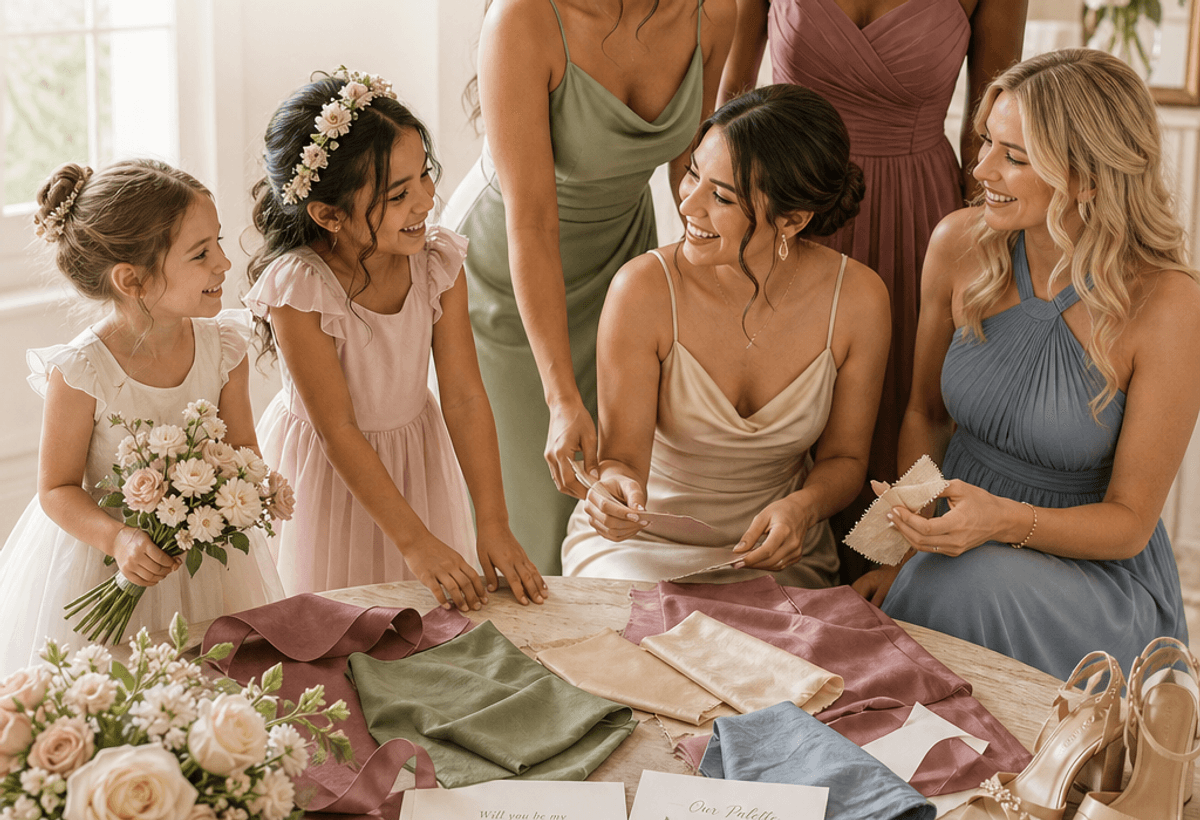 Junior bridesmaids and adult bridesmaids reviewing dress swatches together