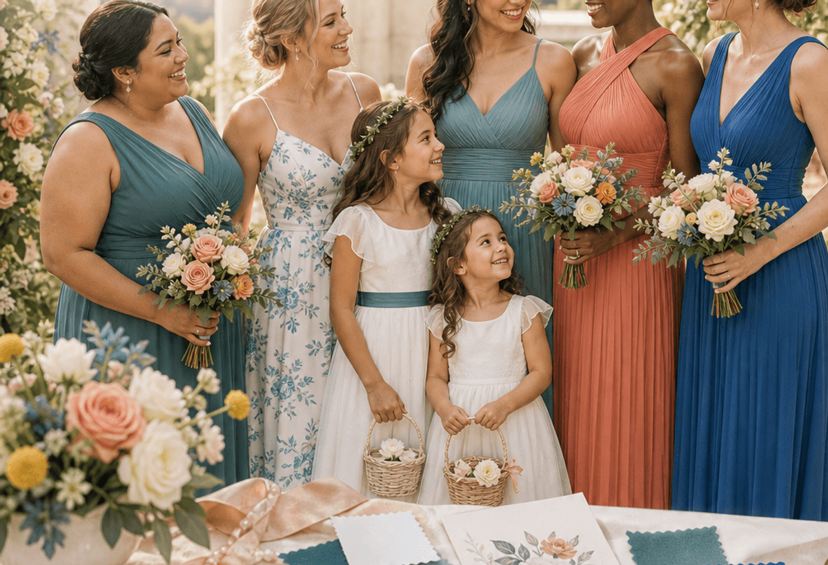 Little girls in white dresses standing with adult bridesmaids in mismatched wedding colors