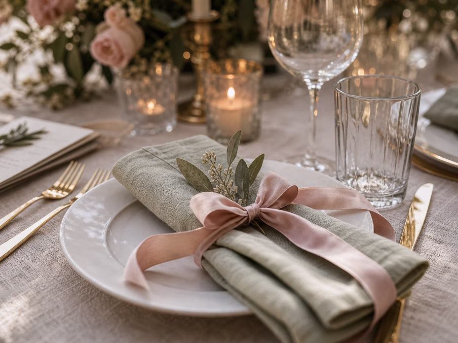 Wedding decor close-up with blush and sage ribbons, bows, flowers, candles, and elegant table details