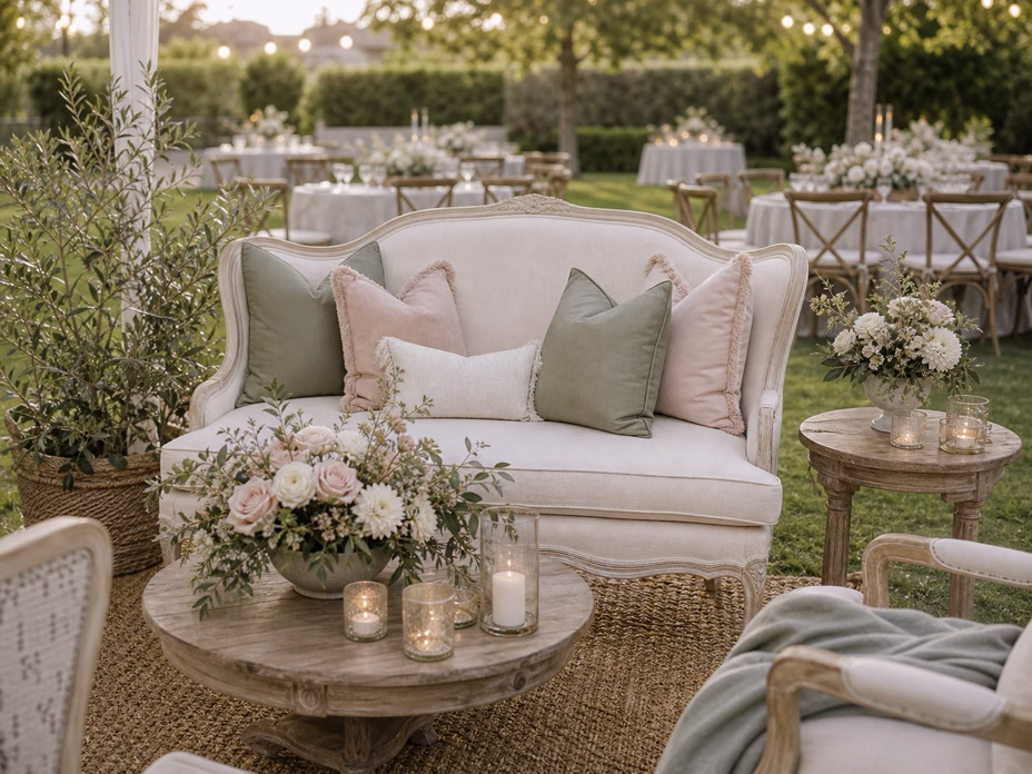 Wedding lounge decor with vintage sofa, pillows, side table, candles, rugs, blush flowers, and greenery
