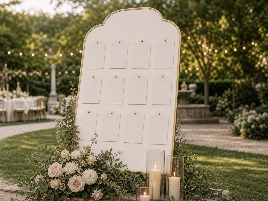 Elegant wedding seating chart sign with flowers, greenery, candles, and gold frame details