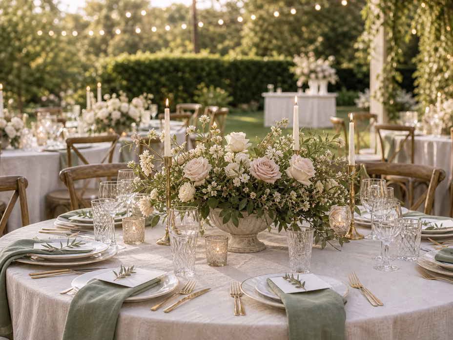 Micro wedding dinner table with intimate place settings, flowers, candles, and elegant small wedding details