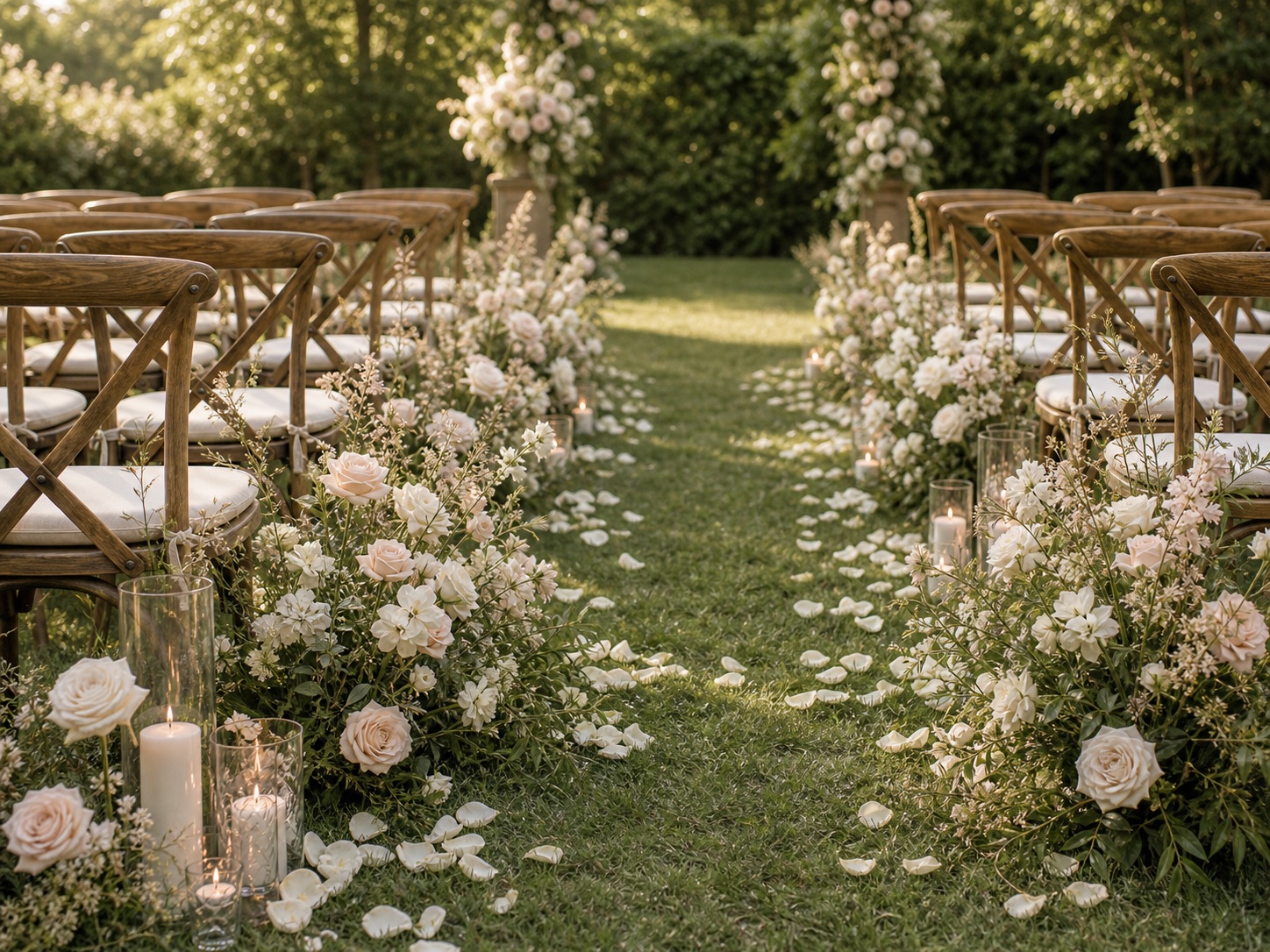 Wedding ceremony aisle with flowers and refined planning details
