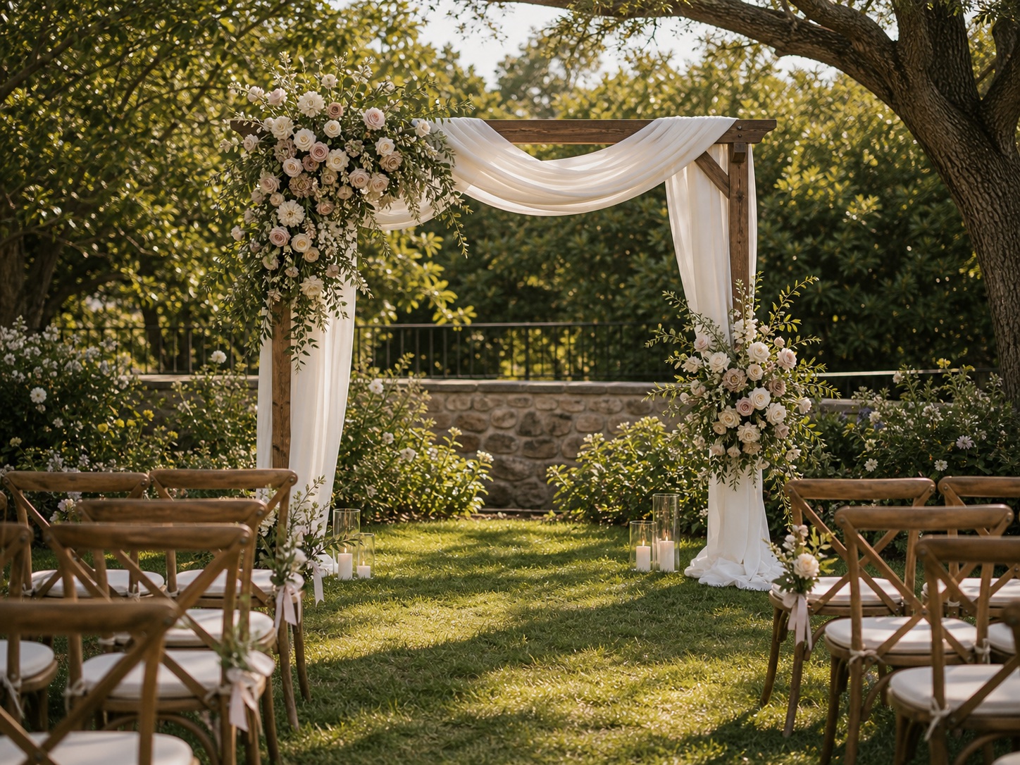 Outdoor wedding ceremony arch with flowers and guest seating