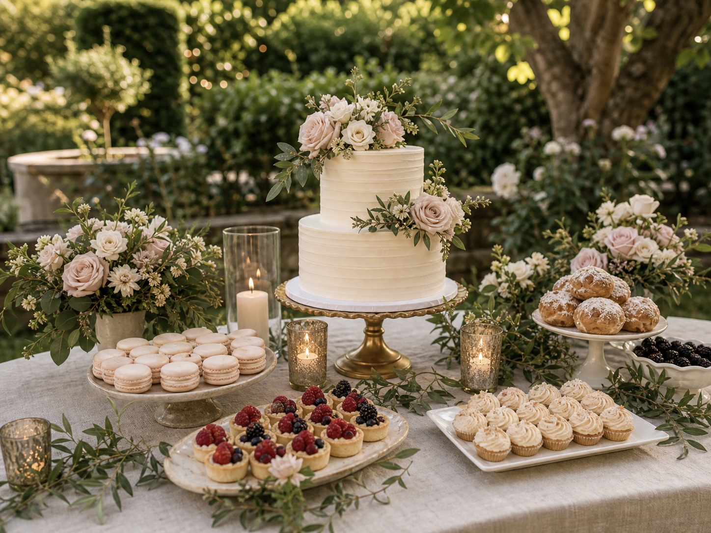 Wedding dessert table with cake styling and floral details