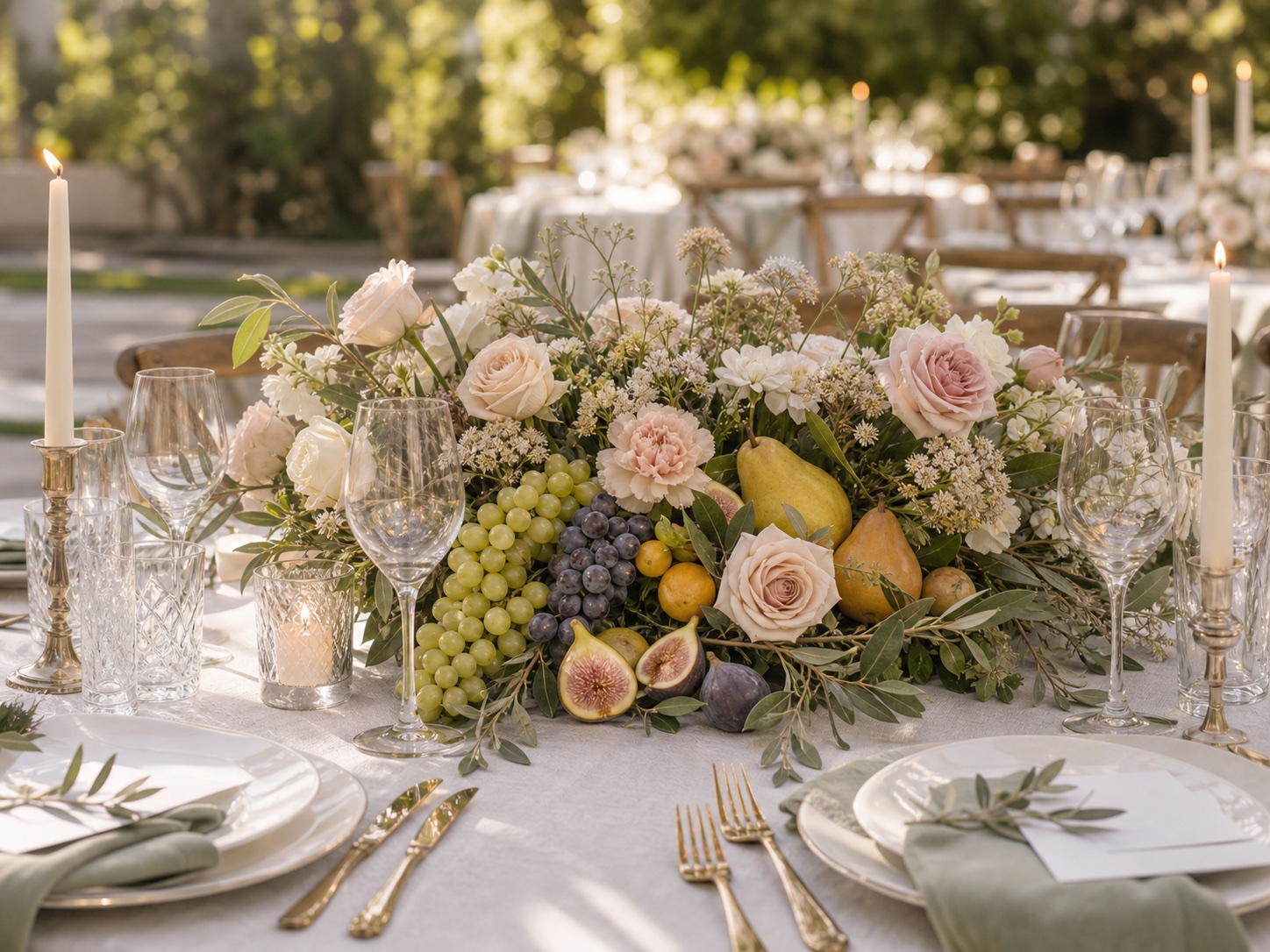 Wedding table centerpiece with fruit, flowers, and catering styling