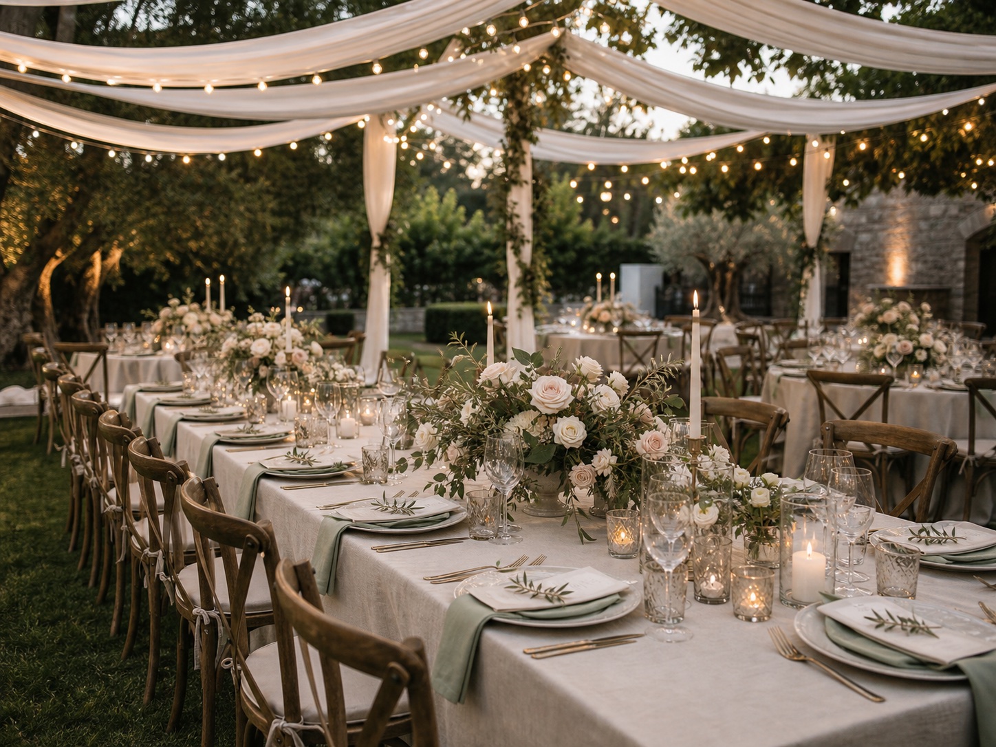 Wedding reception venue with overhead lighting and guest tables